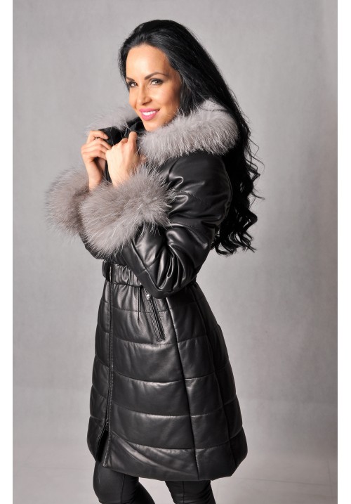 Dámsky kožený kabát s kožušinou 406 Fur black
